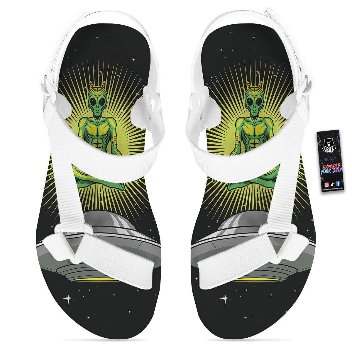 UFO Space Green Alien Print White Open Toe Sandals-grizzshop