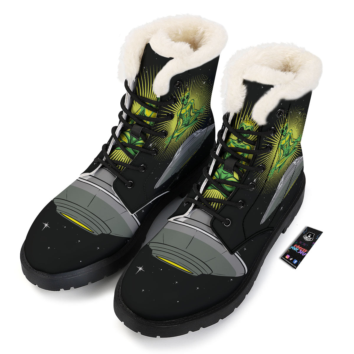 UFO Space Green Alien Print Winter Boots-grizzshop