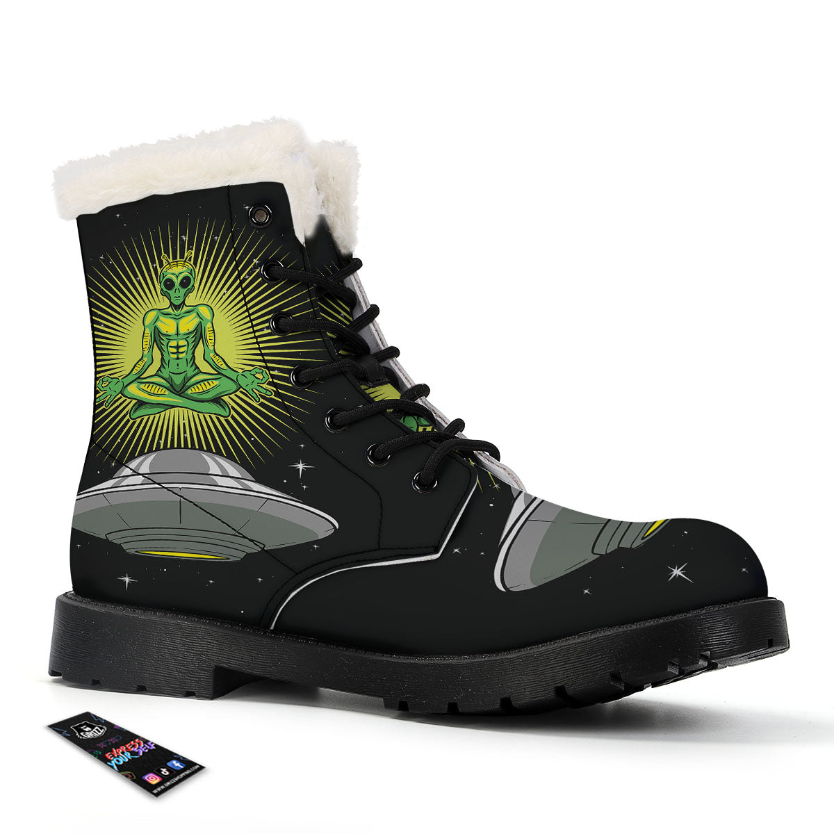 UFO Space Green Alien Print Winter Boots-grizzshop