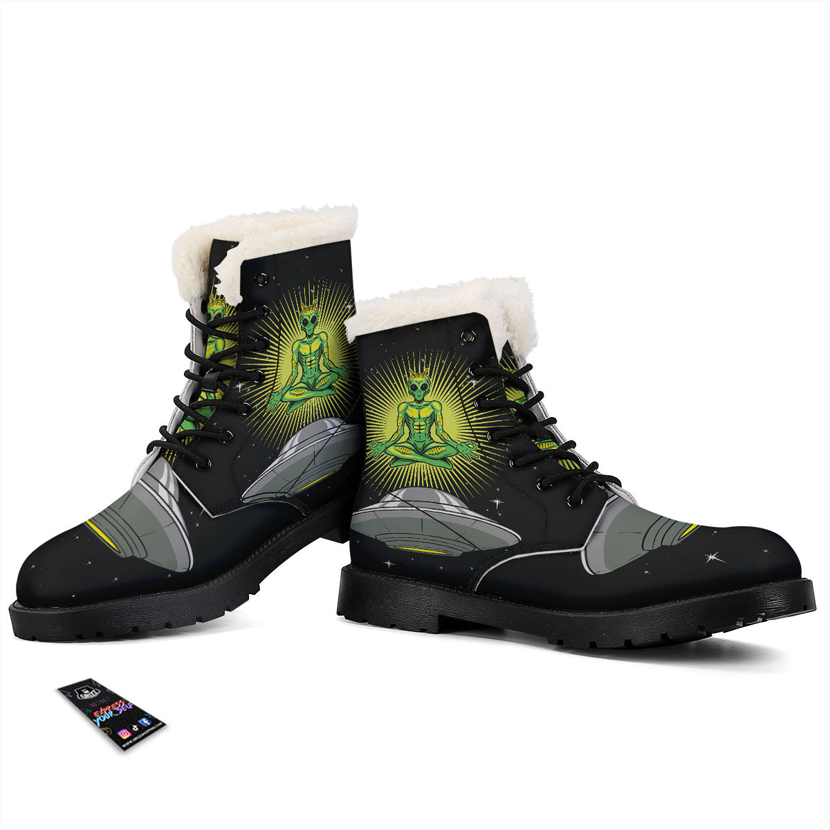 UFO Space Green Alien Print Winter Boots-grizzshop