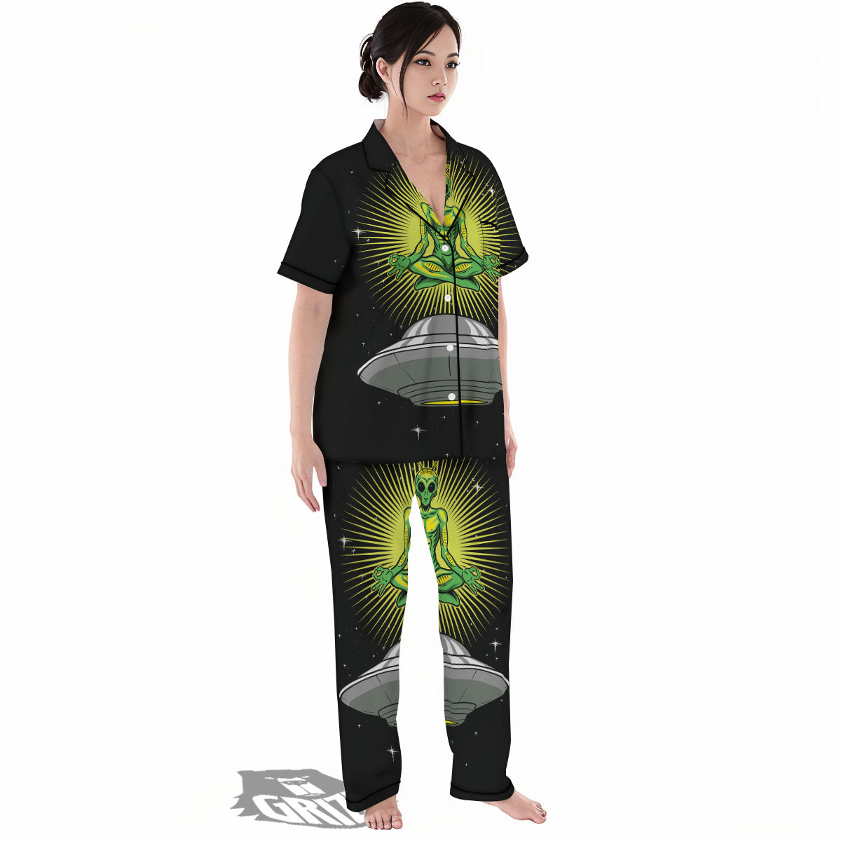 UFO Space Green Alien Print Women's Pajamas Set-grizzshop
