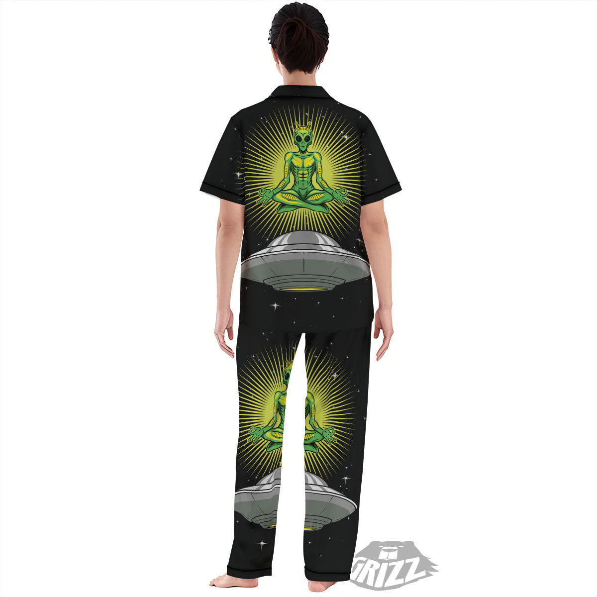 UFO Space Green Alien Print Women's Pajamas Set-grizzshop