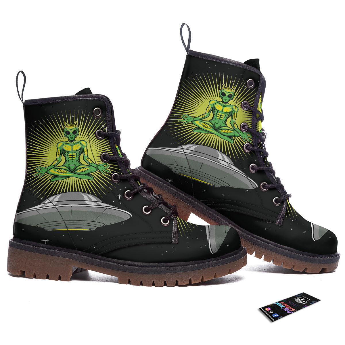UFO Space Green Alien Print Work Boots-grizzshop