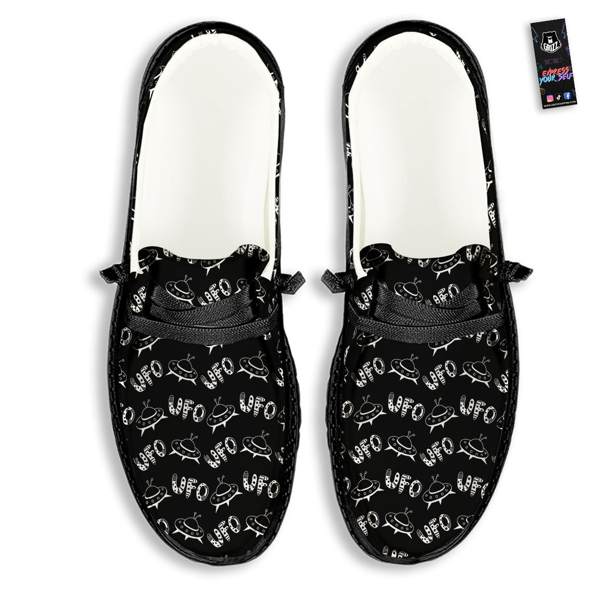 UFO White And Black Print Pattern Black Loafers-grizzshop