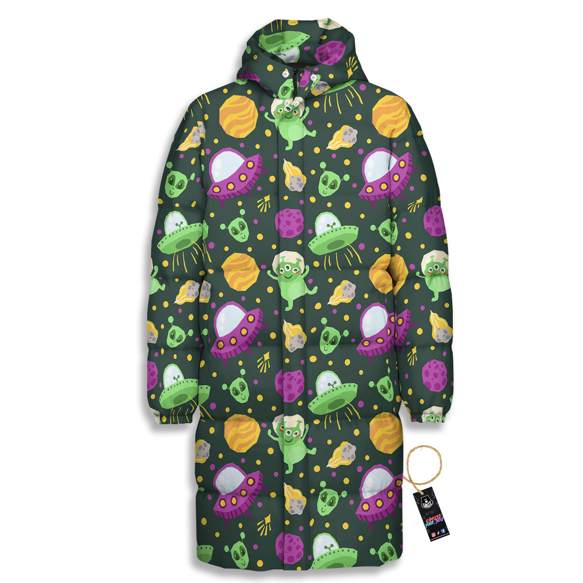UFO Little Green Alien Print Pattern Long Down Jacket