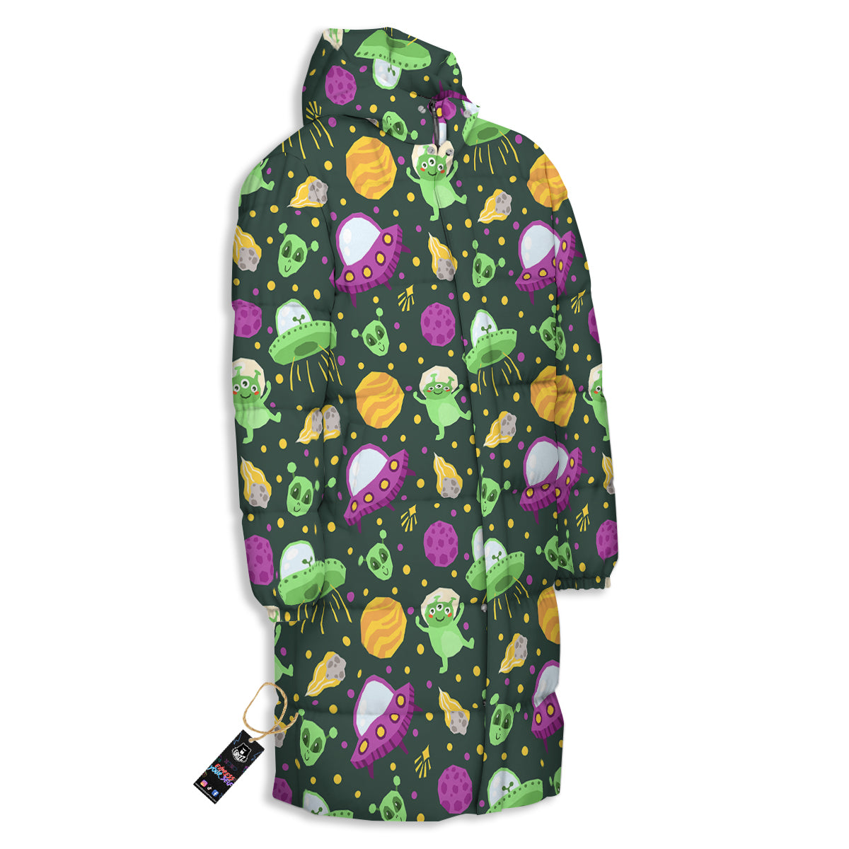 UFO Little Green Alien Print Pattern Long Down Jacket