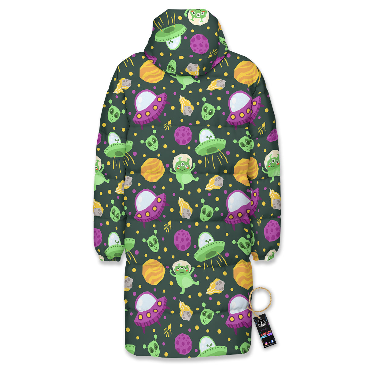 UFO Little Green Alien Print Pattern Long Down Jacket