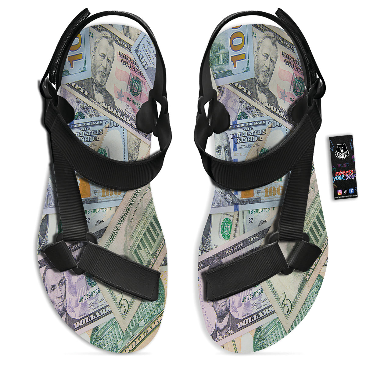 US Dollar Print Black Open Toe Sandals-grizzshop