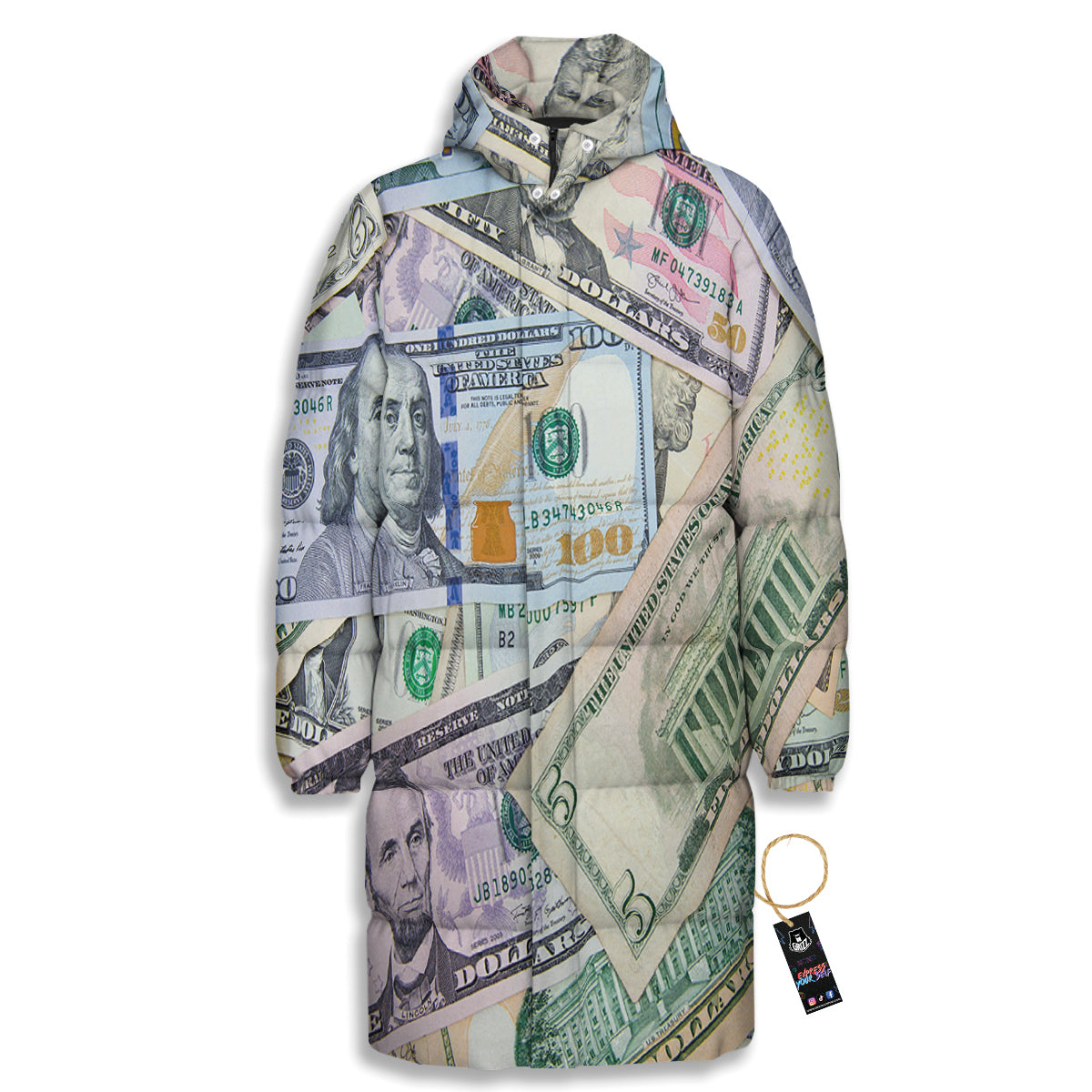 US Dollar Print Long Down Jacket-grizzshop