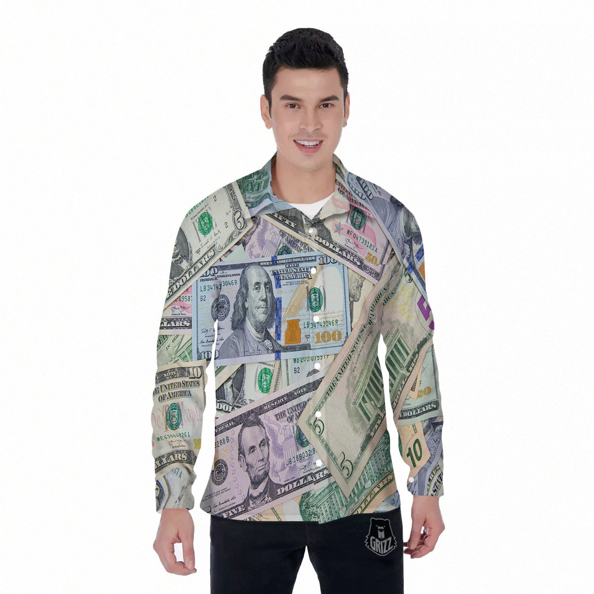 US Dollar Print Men's Long Sleeve Shirts-grizzshop