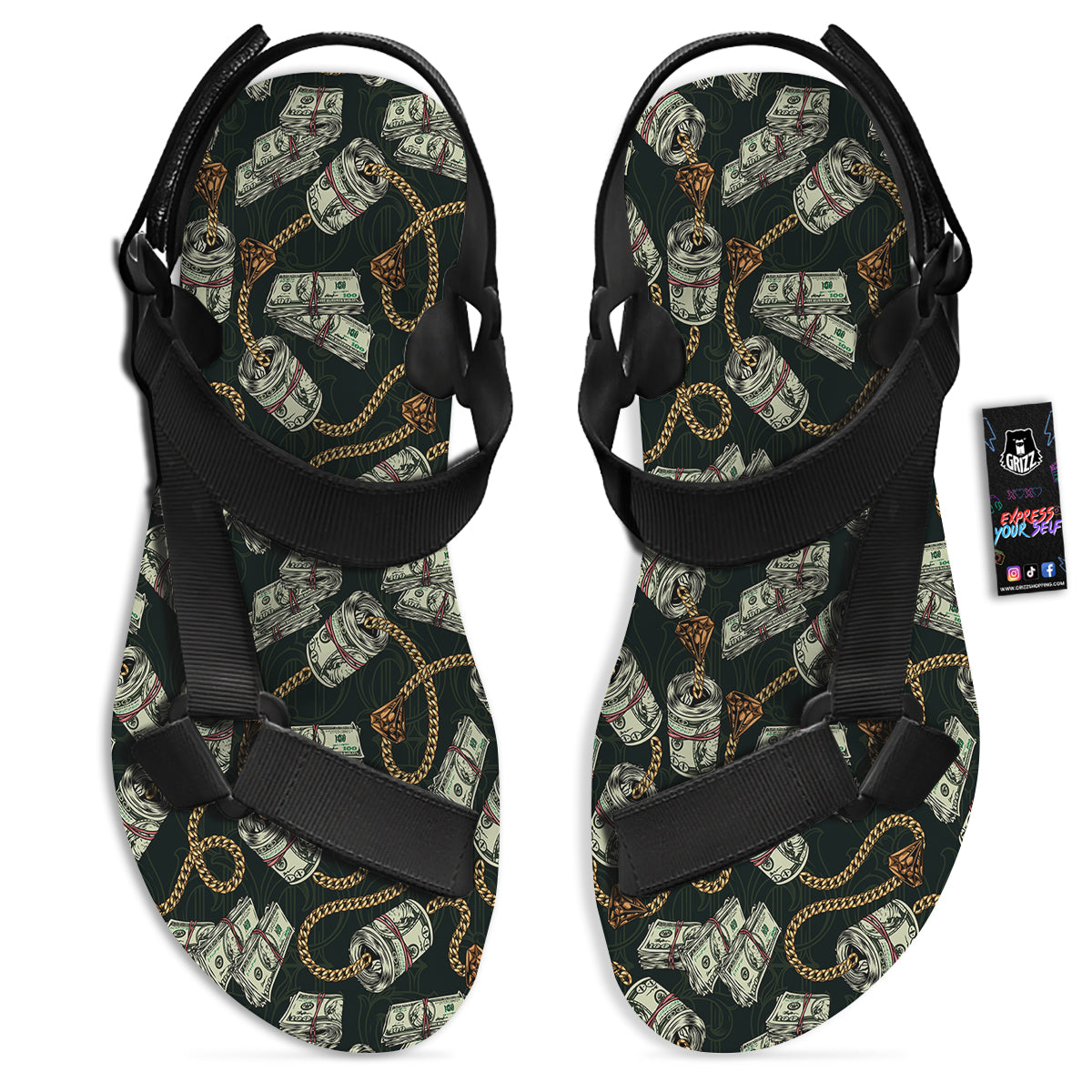 US Dollar Print Pattern Black Open Toe Sandals-grizzshop