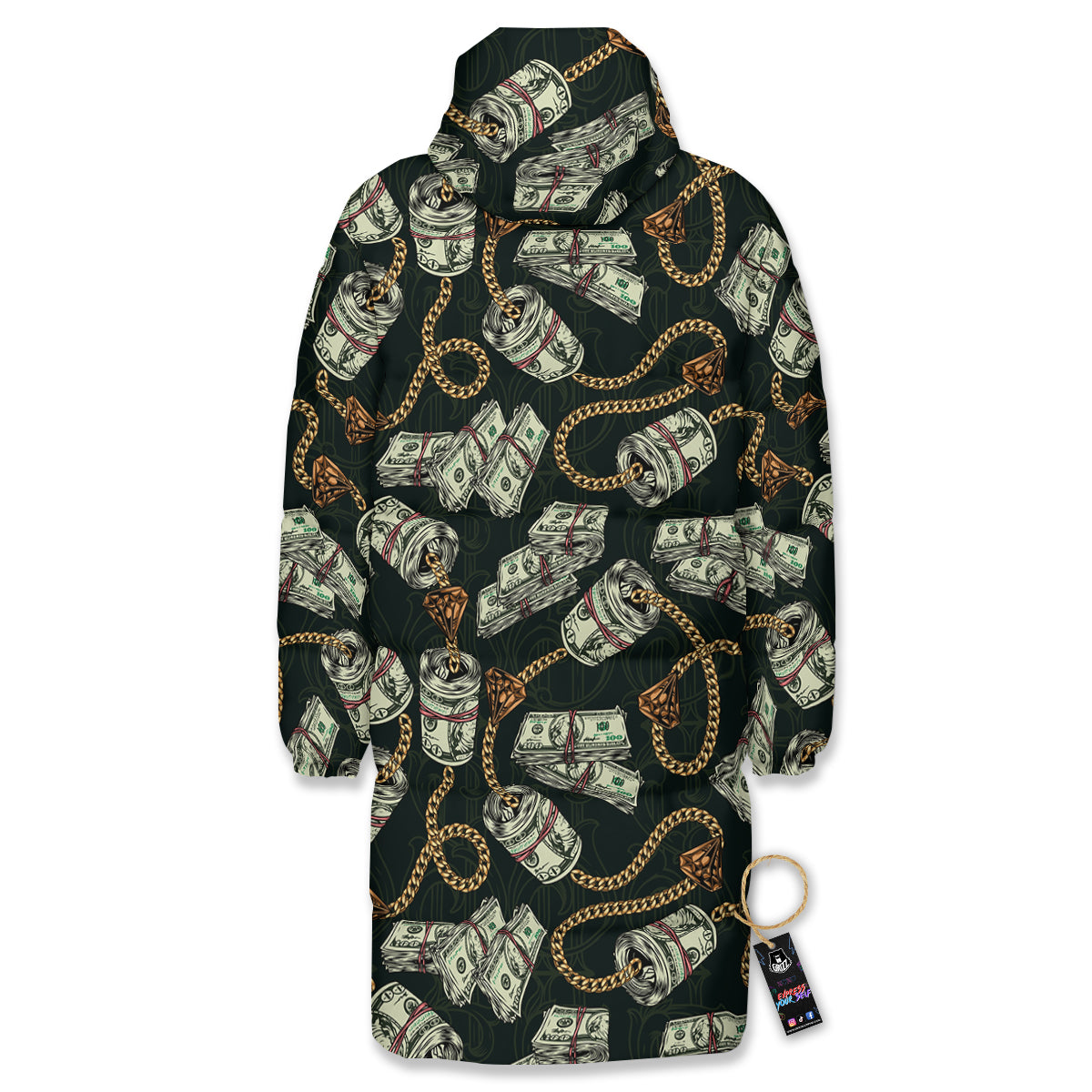 US Dollar Print Pattern Long Down Jacket-grizzshop