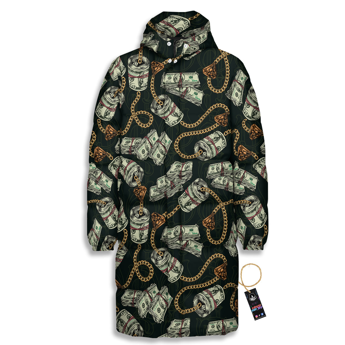 US Dollar Print Pattern Long Down Jacket-grizzshop