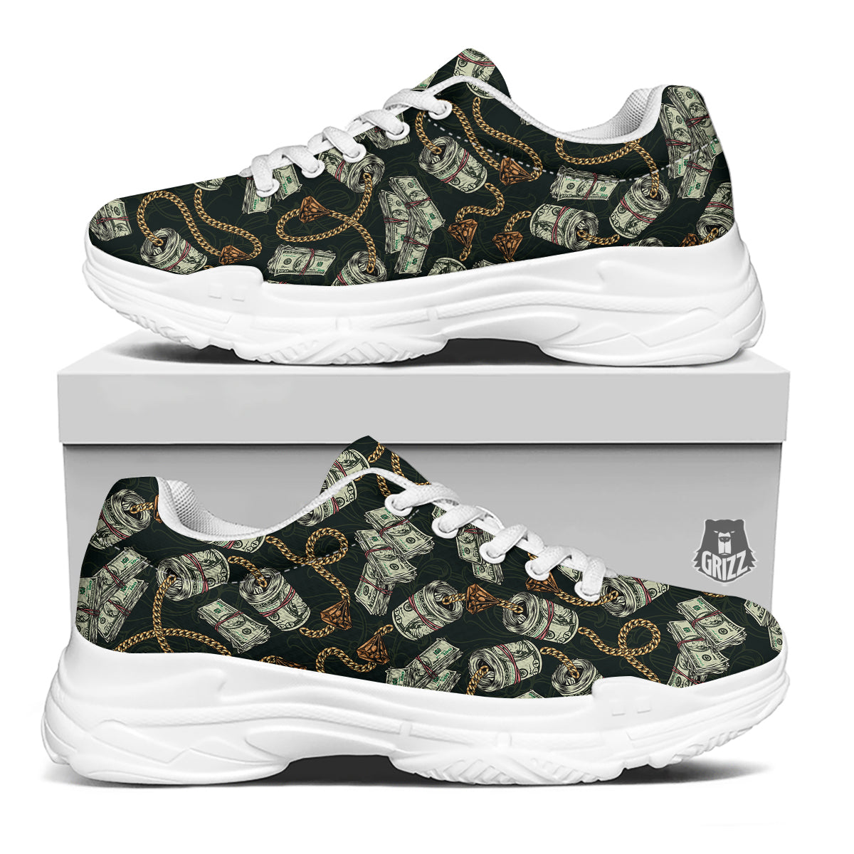 US Dollar Print Pattern White Chunky Shoes-grizzshop