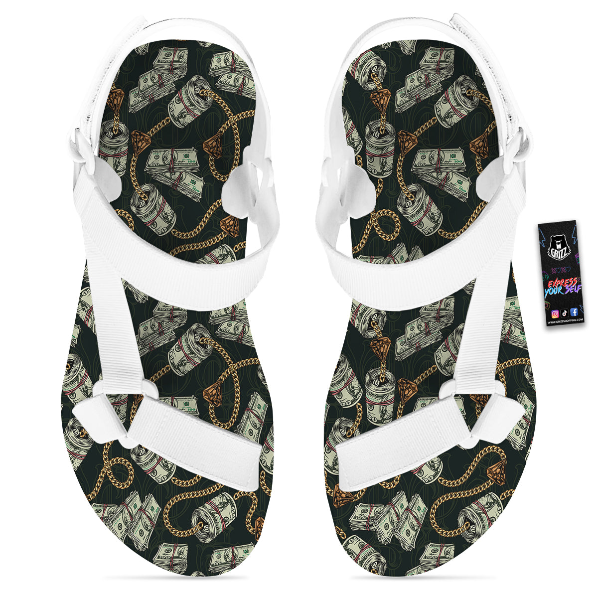 US Dollar Print Pattern White Open Toe Sandals-grizzshop