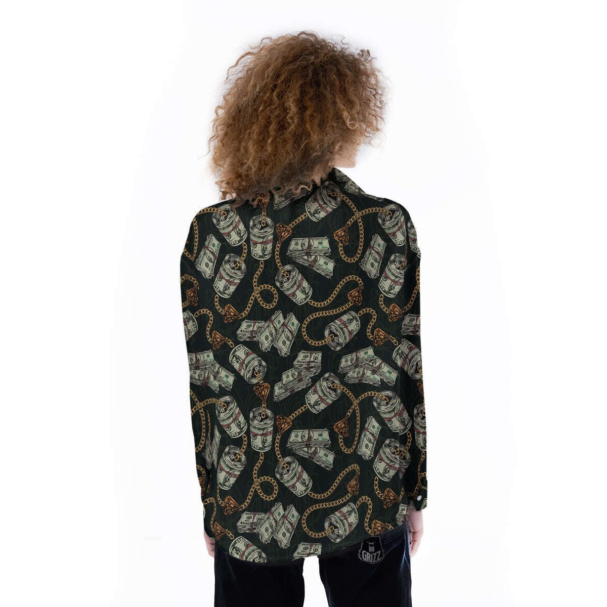US Dollar Print Pattern Women's Long Sleeve Shirts-grizzshop