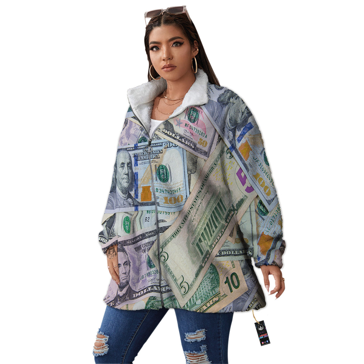 US Dollar Print Women's Sherpa Jacket-grizzshop