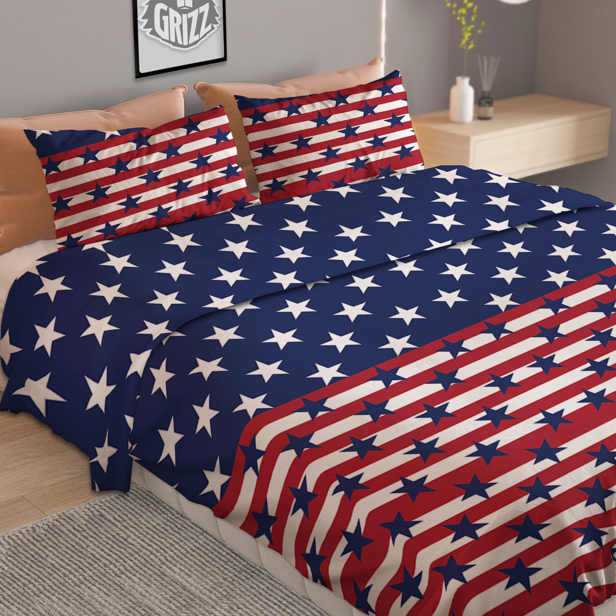 USA Blue And White Star Print Pattern Duvet Cover Bedding Set