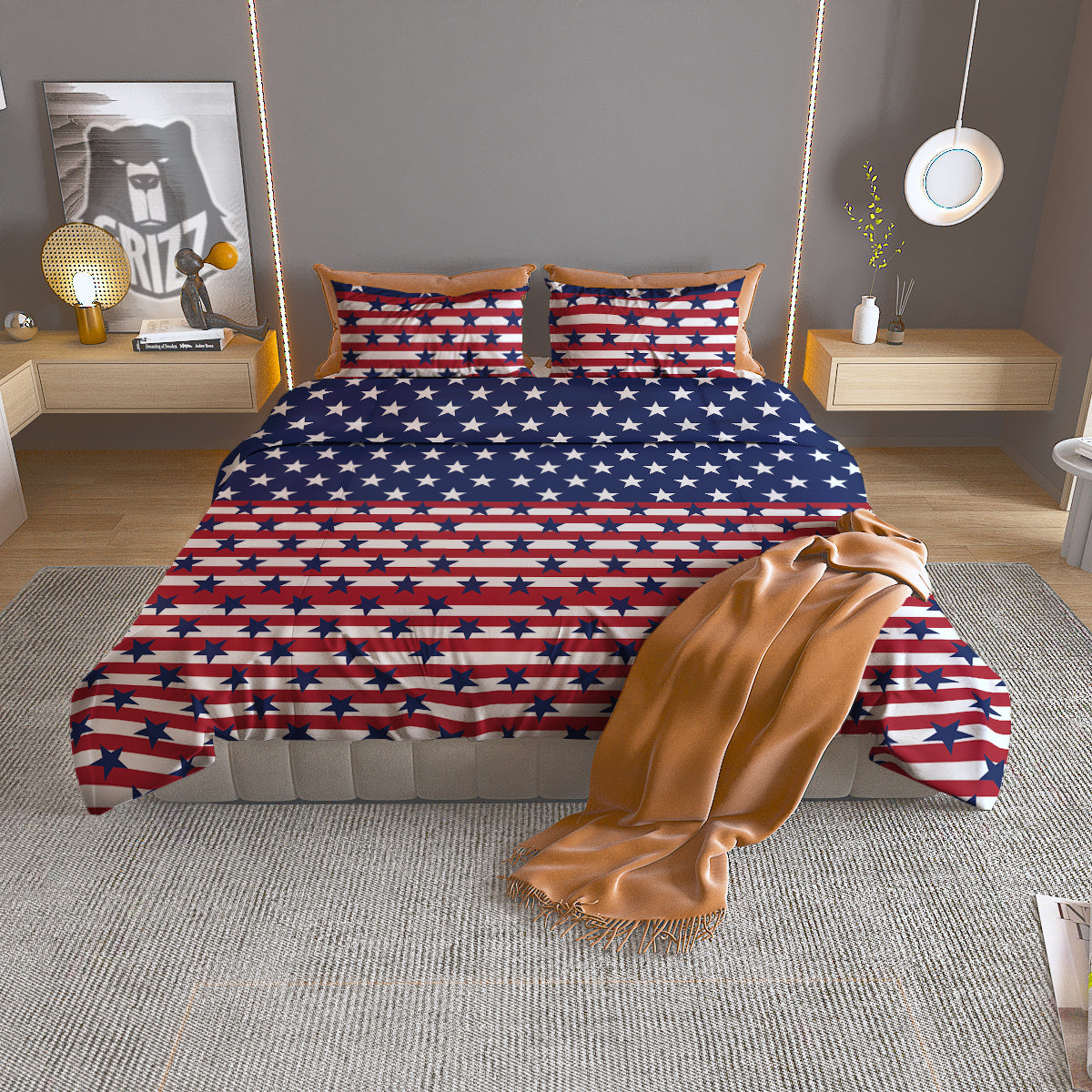 USA Blue And White Star Print Pattern Duvet Cover Bedding Set