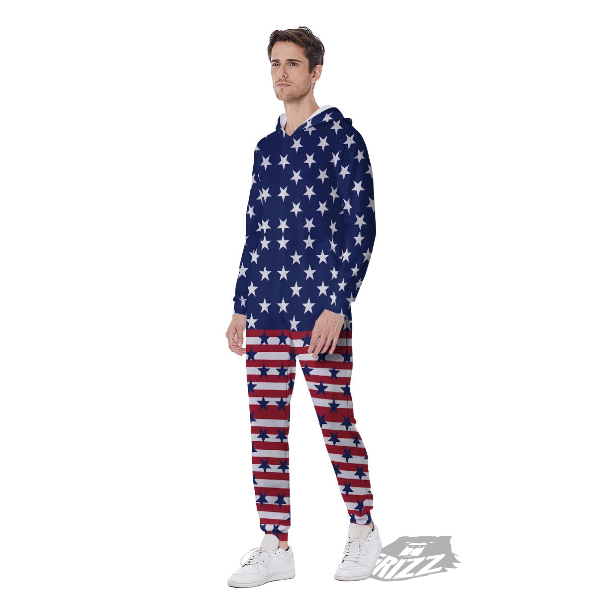 USA Blue And White Star Print Pattern Men's Jumpsuit-grizzshop