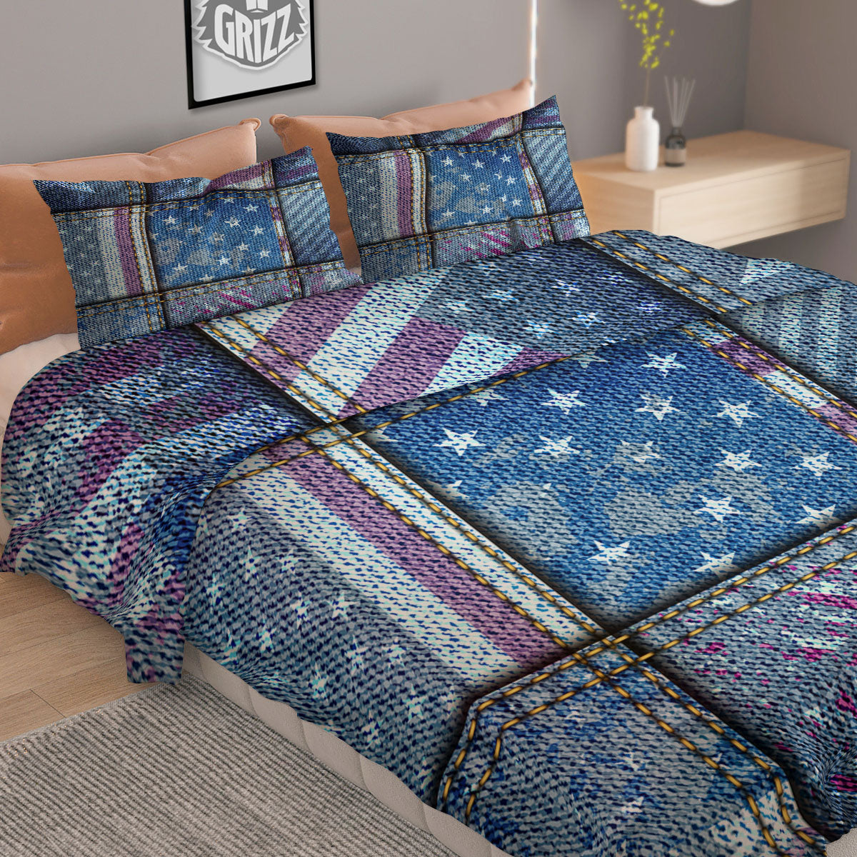 USA Denim Patchwork 4th of July Print Duvet Cover Bedding Set