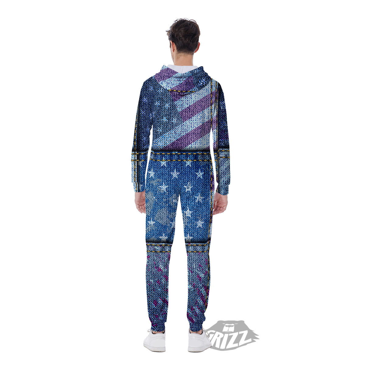 USA Denim Patchwork 4th of July Print Men's Jumpsuit-grizzshop