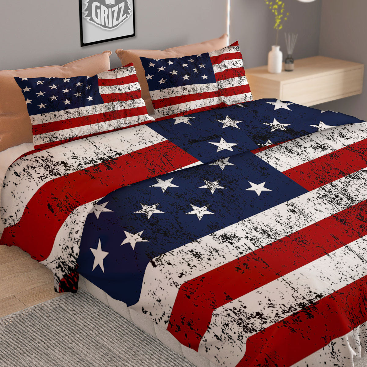USA Flag Grunge Print Duvet Cover Bedding Set