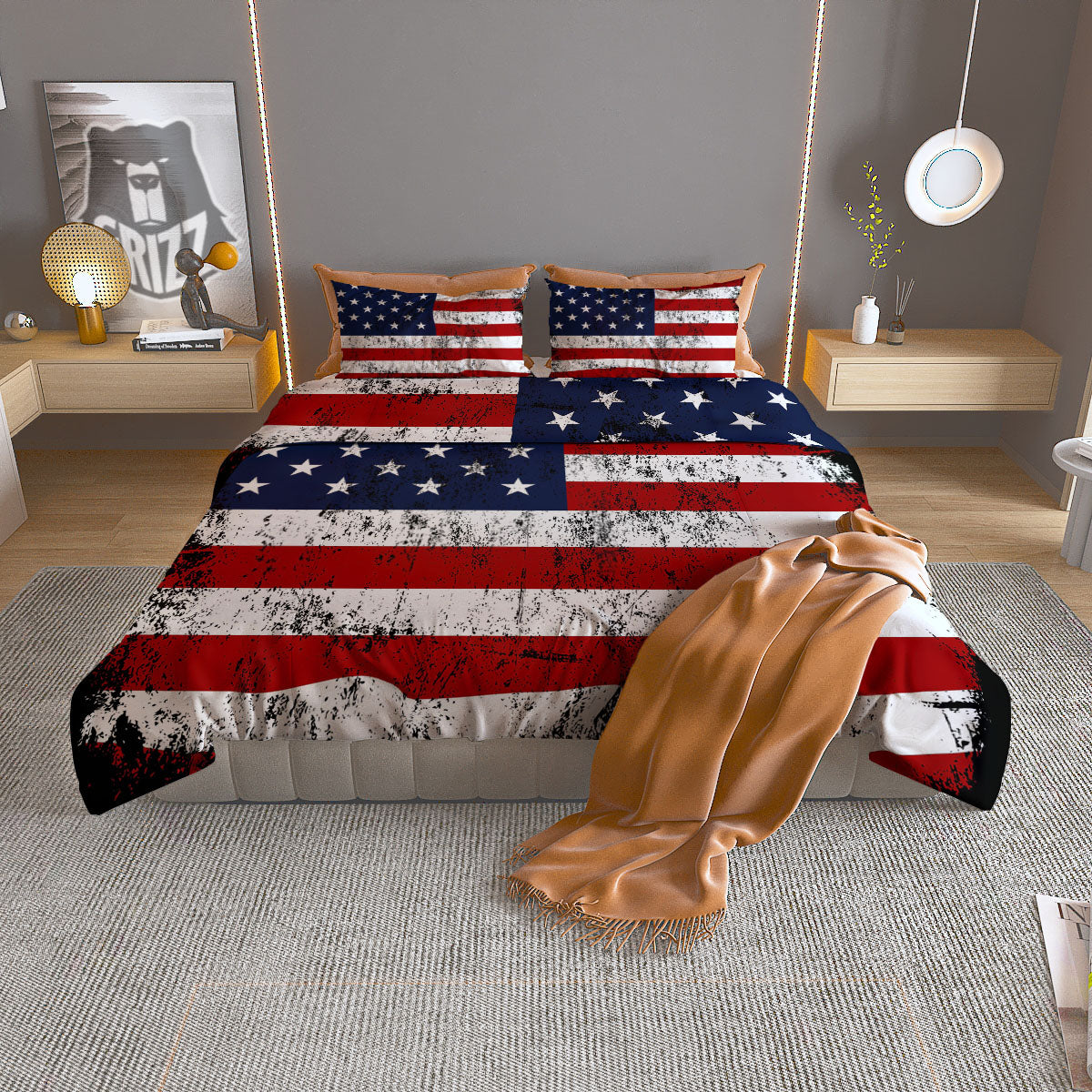 USA Flag Grunge Print Duvet Cover Bedding Set