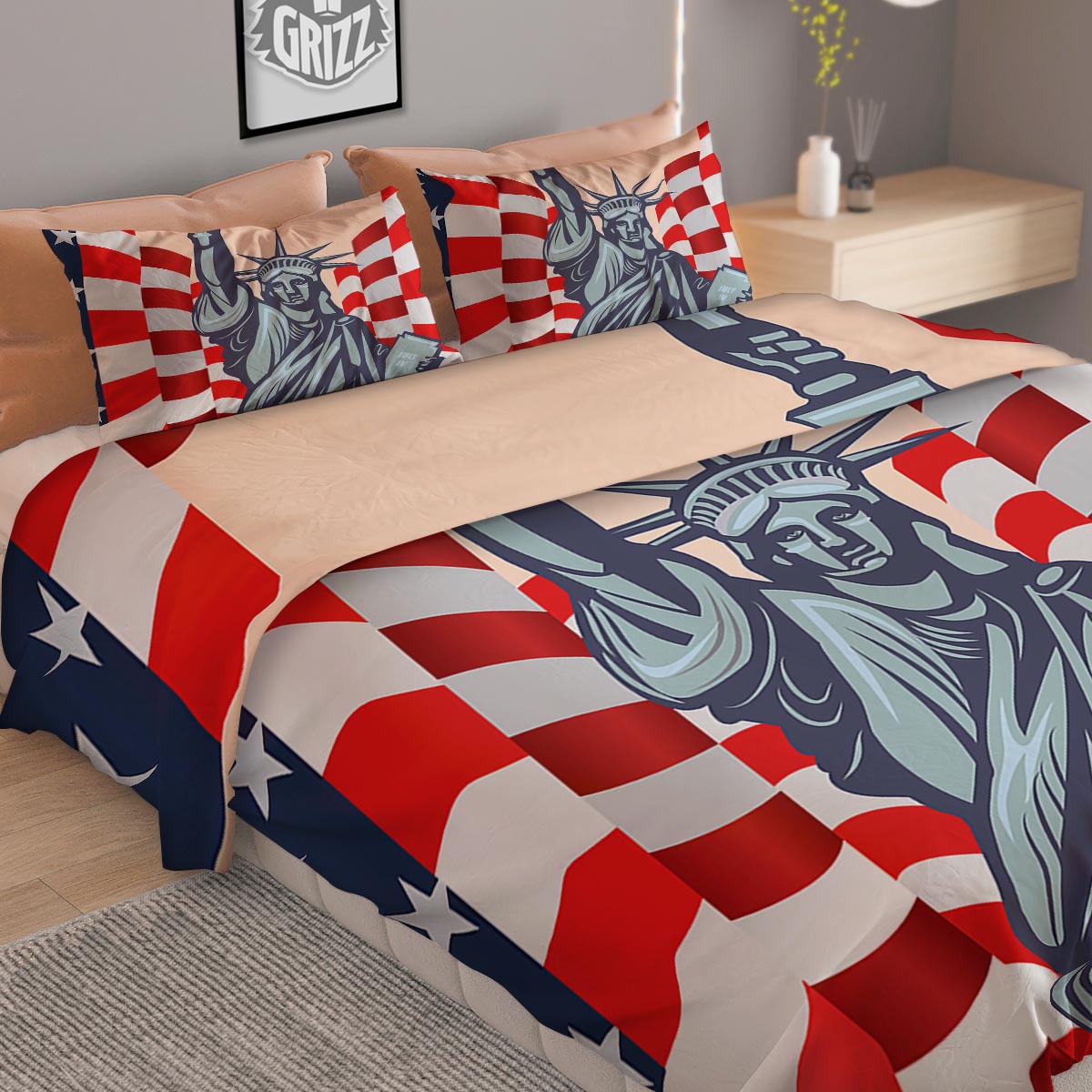 USA Flag Statue of Liberty Print Duvet Cover Bedding Set