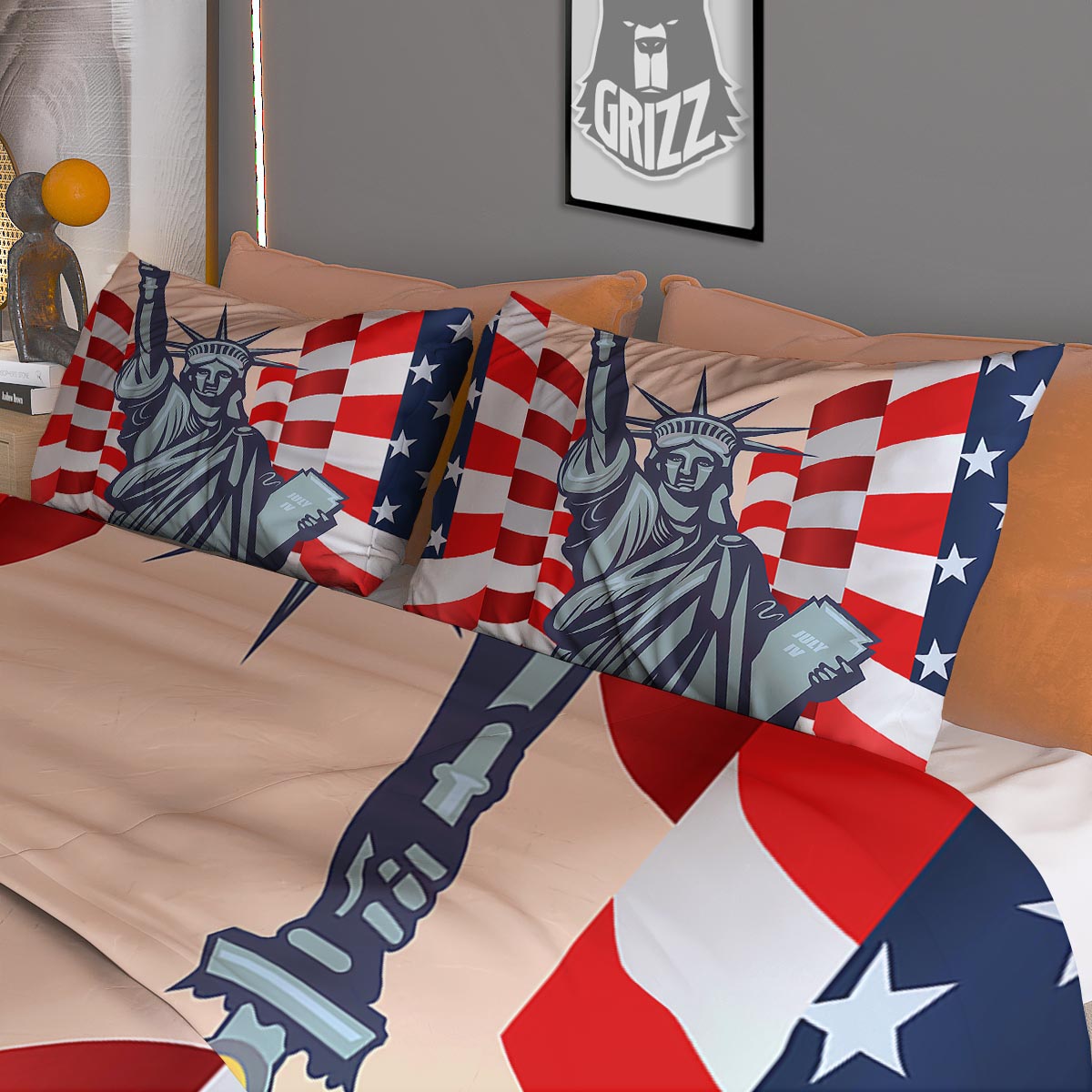 USA Flag Statue of Liberty Print Duvet Cover Bedding Set