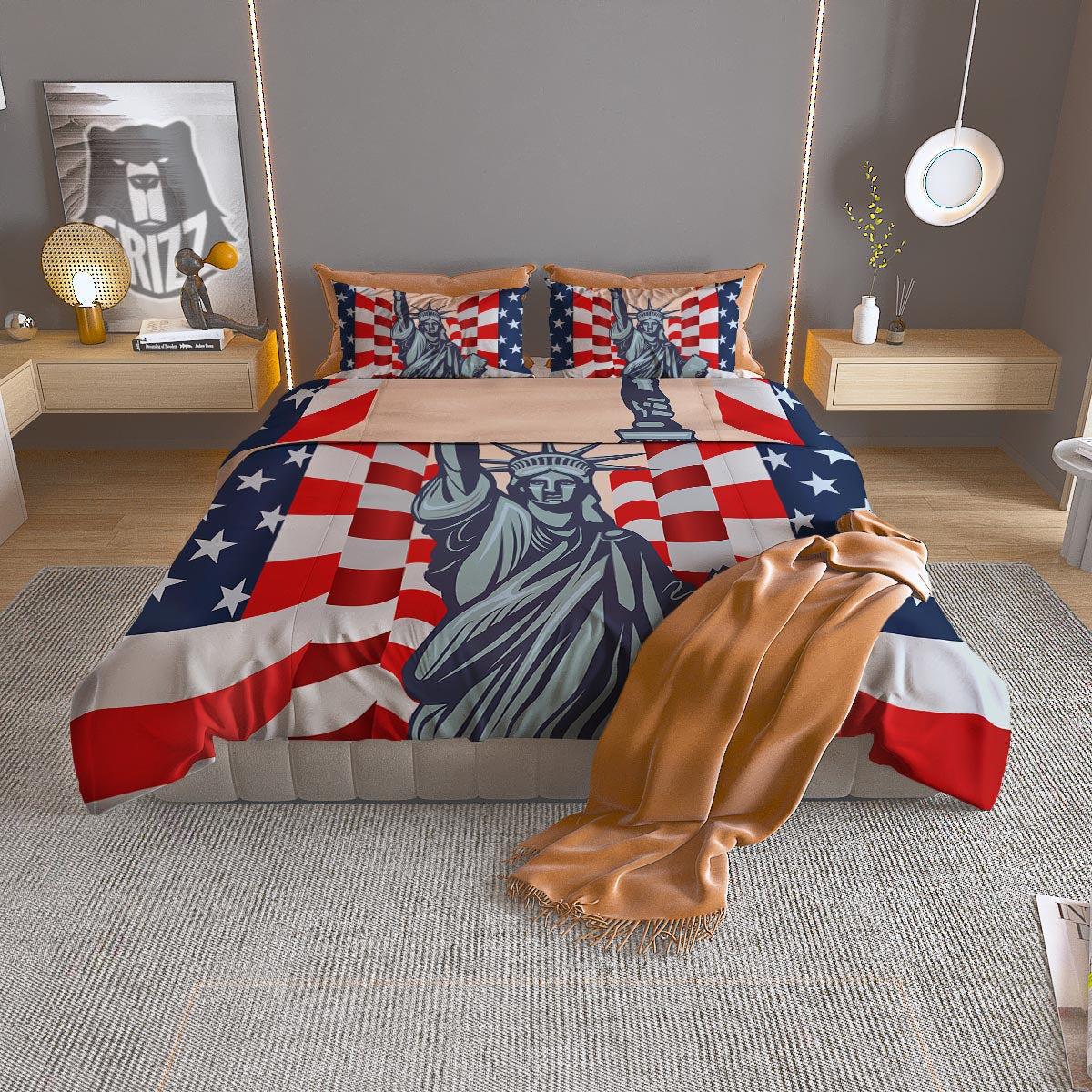 USA Flag Statue of Liberty Print Duvet Cover Bedding Set