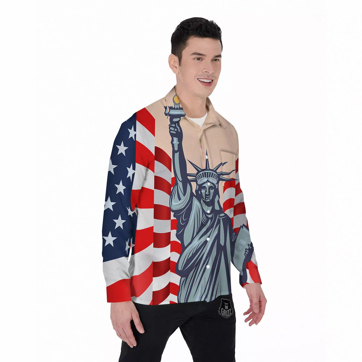 USA Flag Statue of Liberty Print Men's Long Sleeve Shirts-grizzshop
