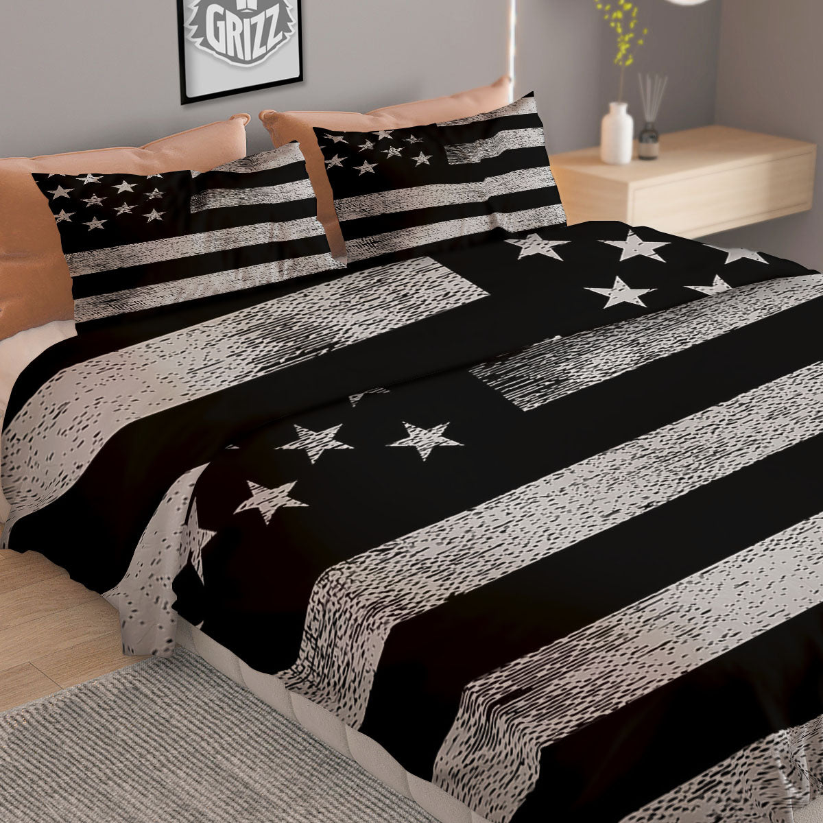 USA Flag White And Black Print Duvet Cover Bedding Set