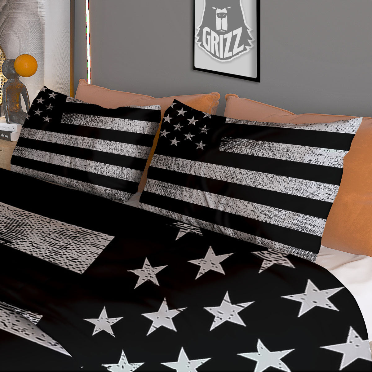 USA Flag White And Black Print Duvet Cover Bedding Set
