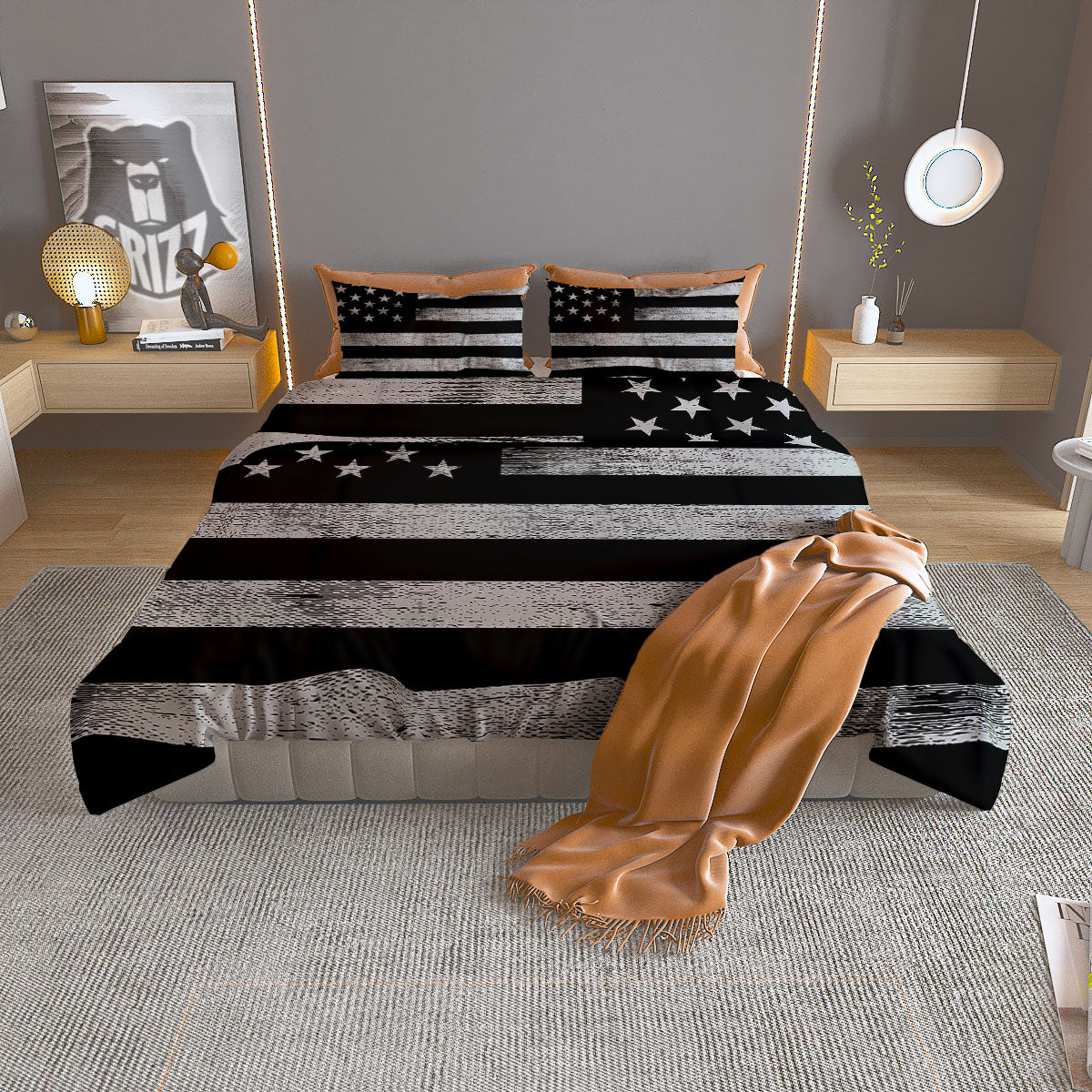 USA Flag White And Black Print Duvet Cover Bedding Set