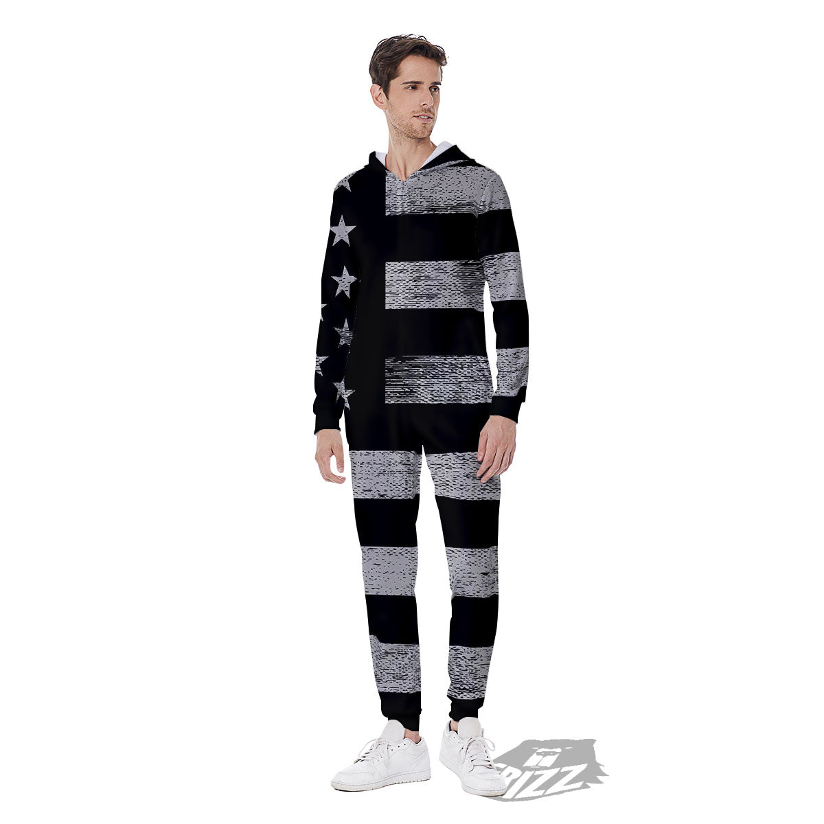 USA Flag White And Black Print Men's Jumpsuit-grizzshop