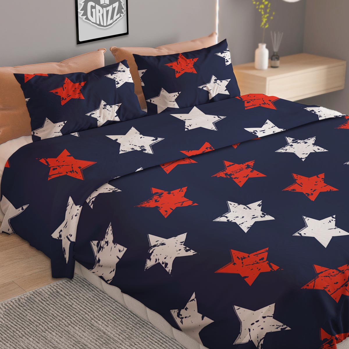 USA Star Blue And Red Print Pattern Duvet Cover Bedding Set