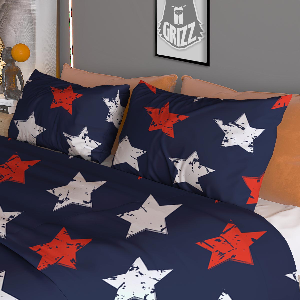 USA Star Blue And Red Print Pattern Duvet Cover Bedding Set