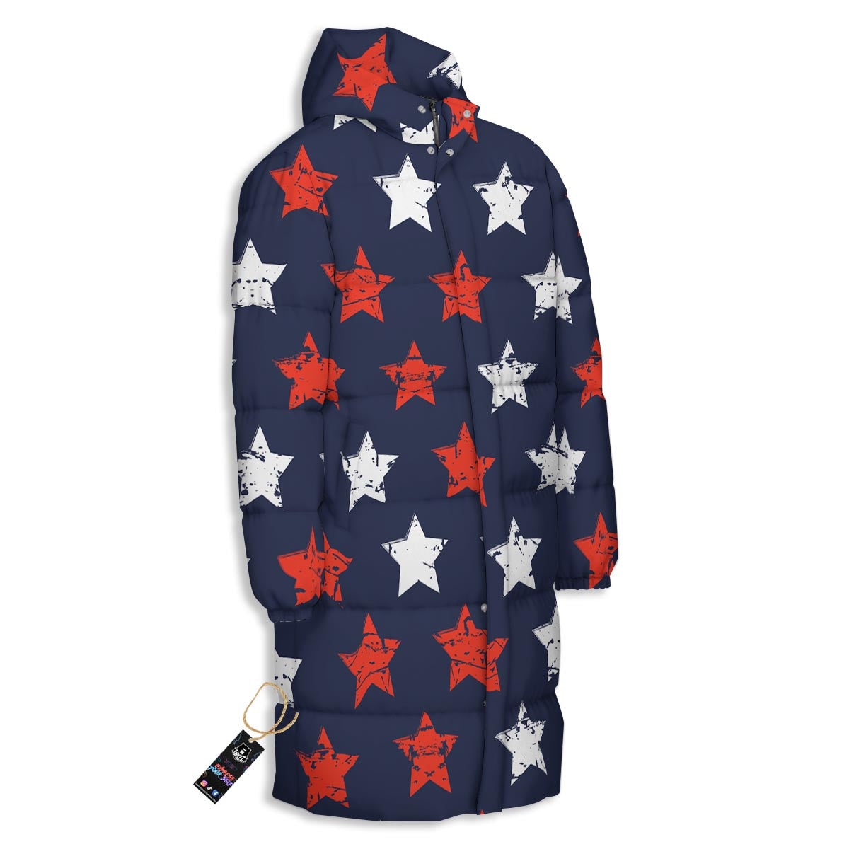 USA Star Blue And Red Print Pattern Long Down Jacket-grizzshop