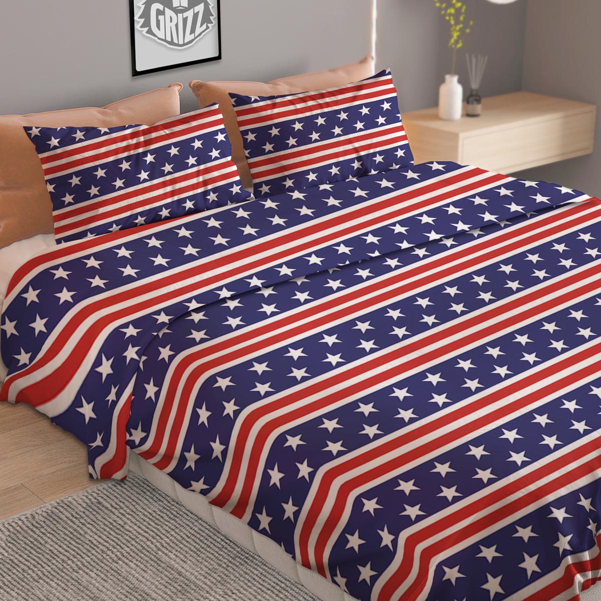 USA Star Red Striped Print Pattern Duvet Cover Bedding Set