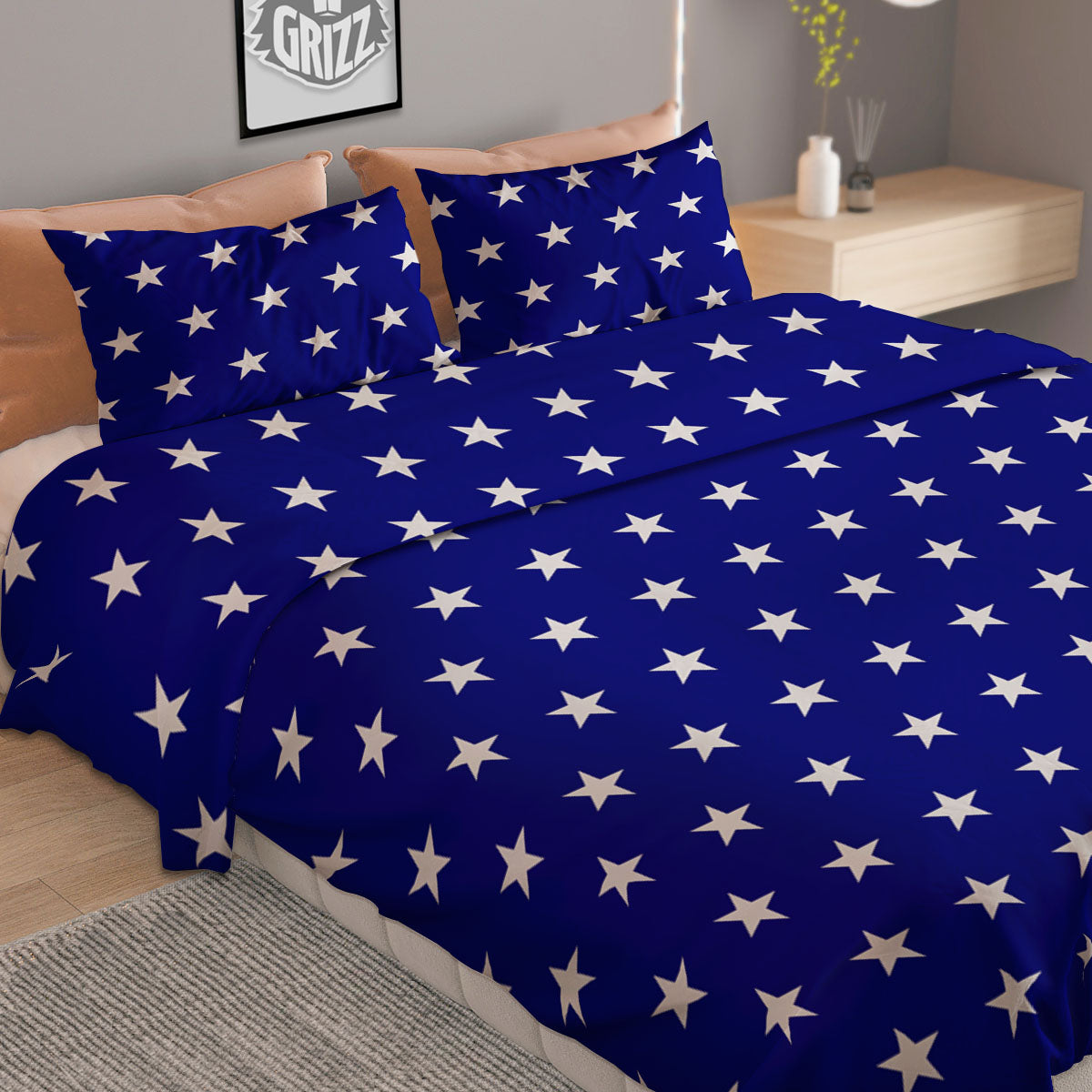 USA Star White And Blue Print Pattern Duvet Cover Bedding Set