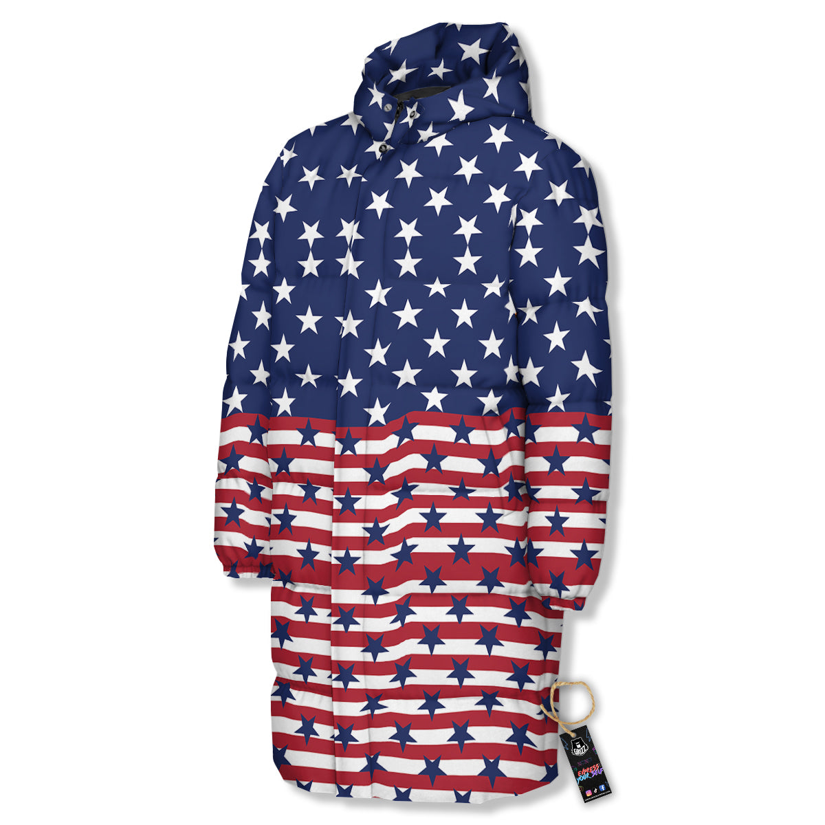 USA Blue And White Star Print Pattern Long Down Jacket