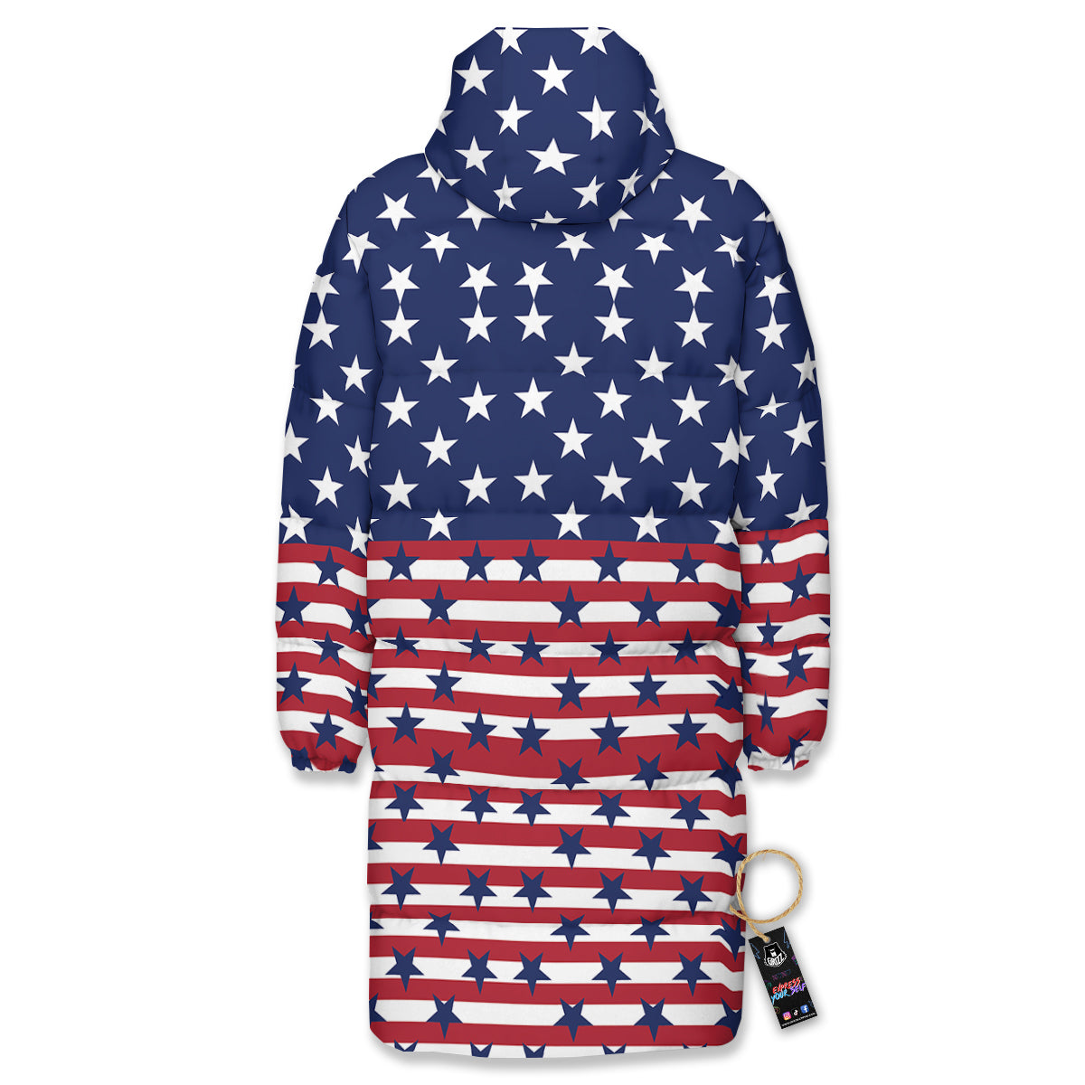 USA Blue And White Star Print Pattern Long Down Jacket