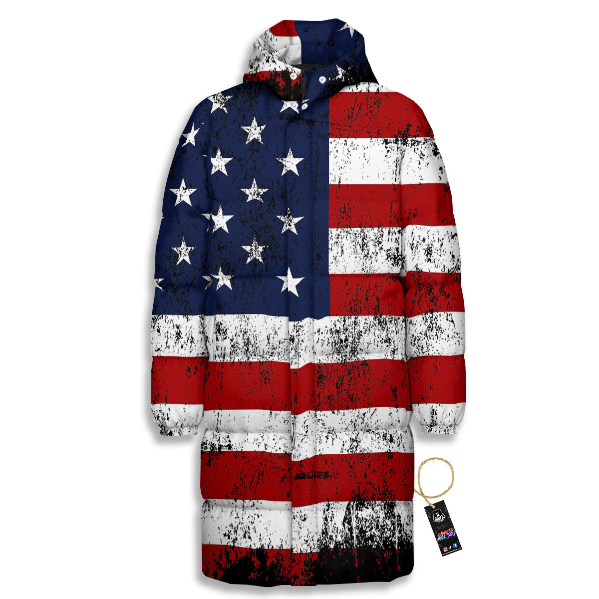 USA Flag Grunge Print Long Down Jacket