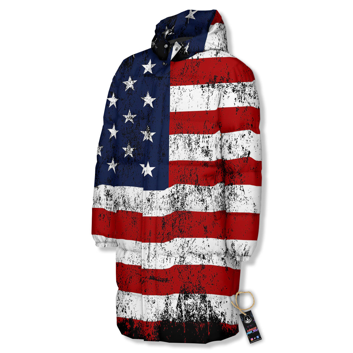 USA Flag Grunge Print Long Down Jacket