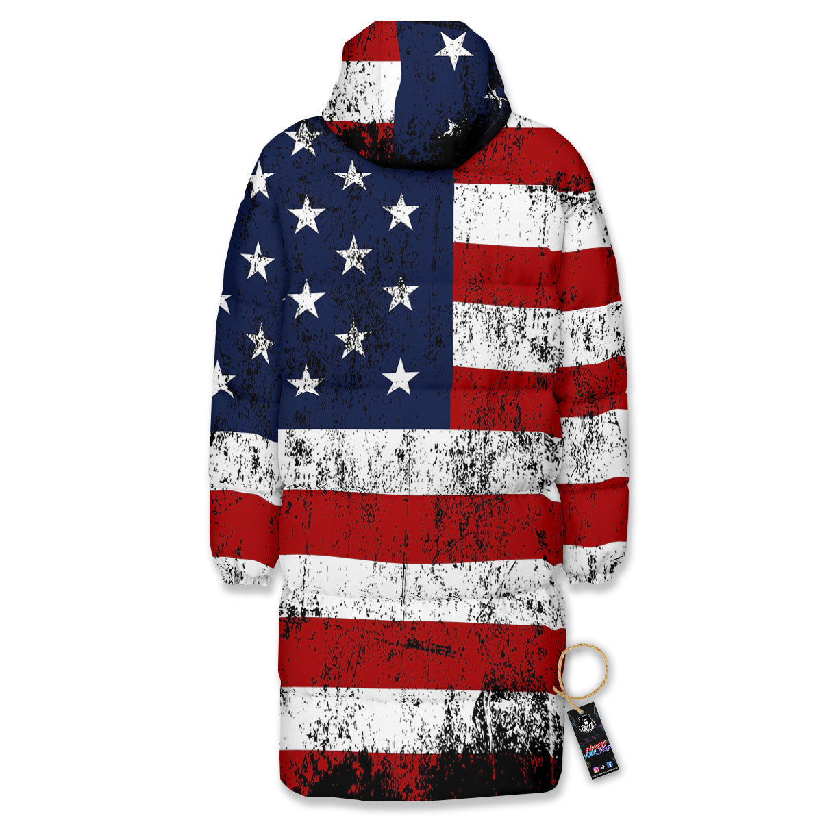 USA Flag Grunge Print Long Down Jacket