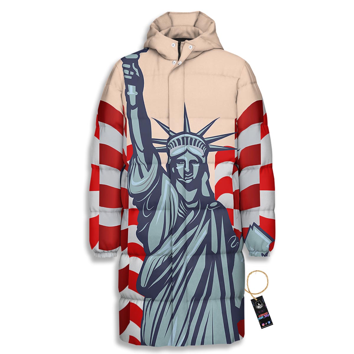 USA Flag Statue of Liberty Print Long Down Jacket