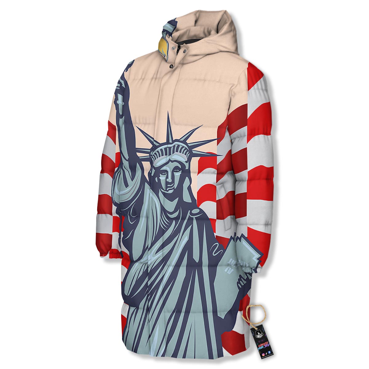USA Flag Statue of Liberty Print Long Down Jacket