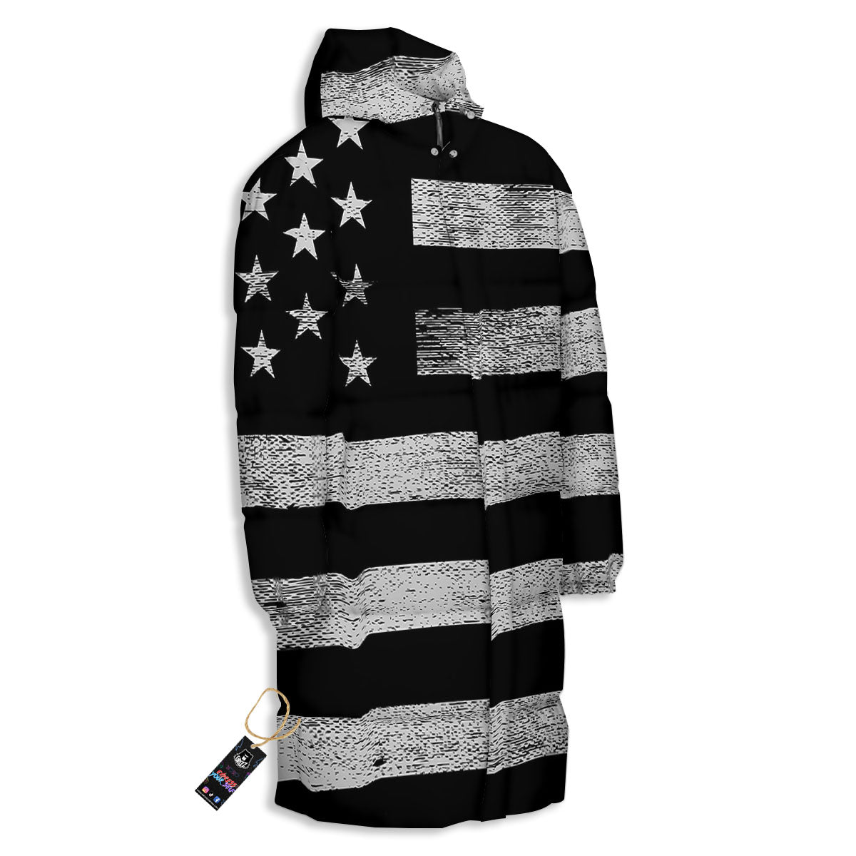 USA Flag White And Black Print Long Down Jacket