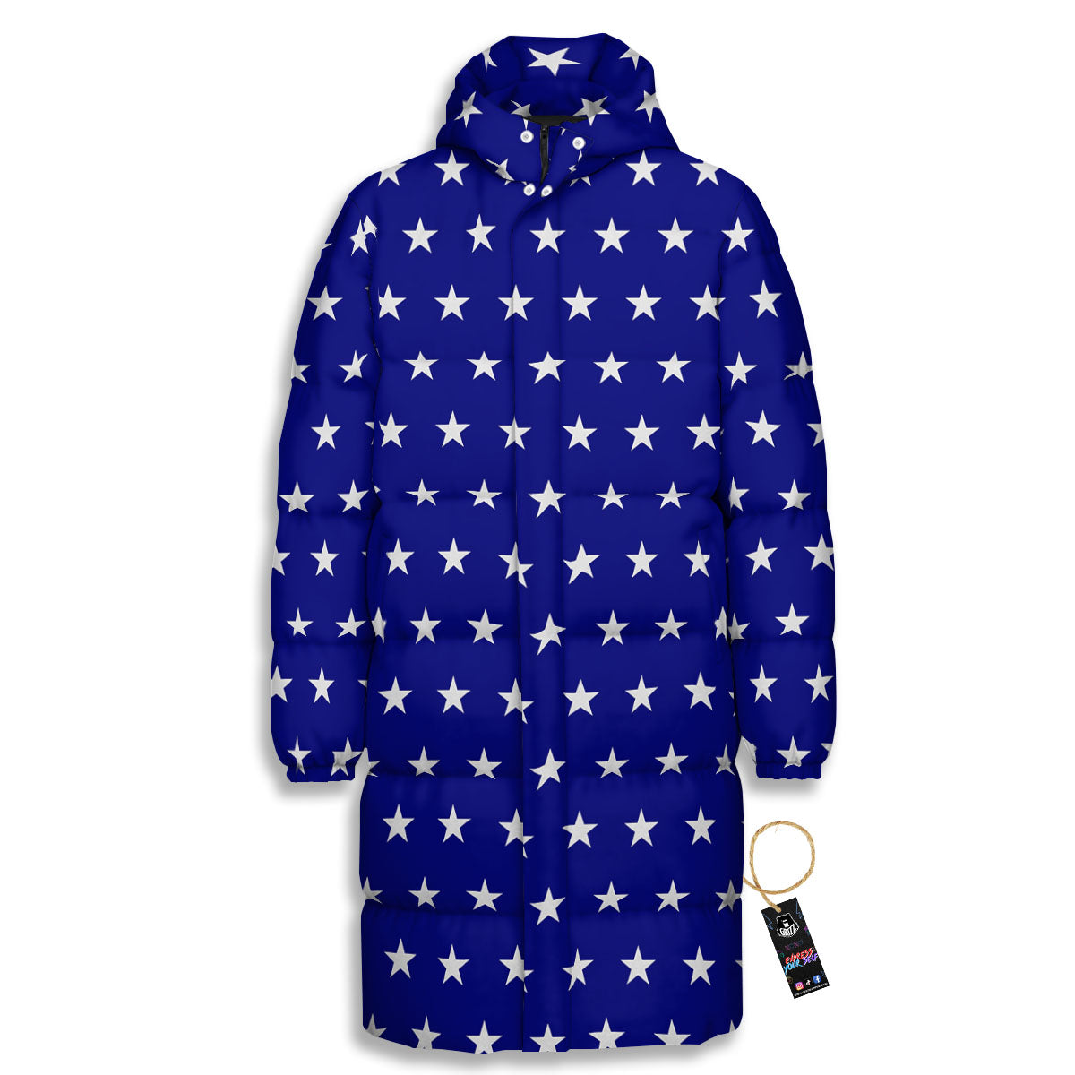 USA Star White And Blue Print Pattern Long Down Jacket